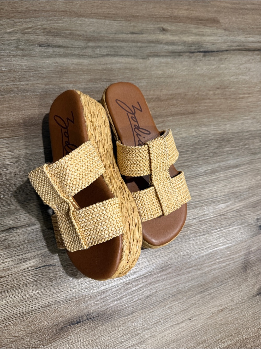 Zodiac Woven Double-Strap Slide Platform Sandals in Straw Raffia Style Natural